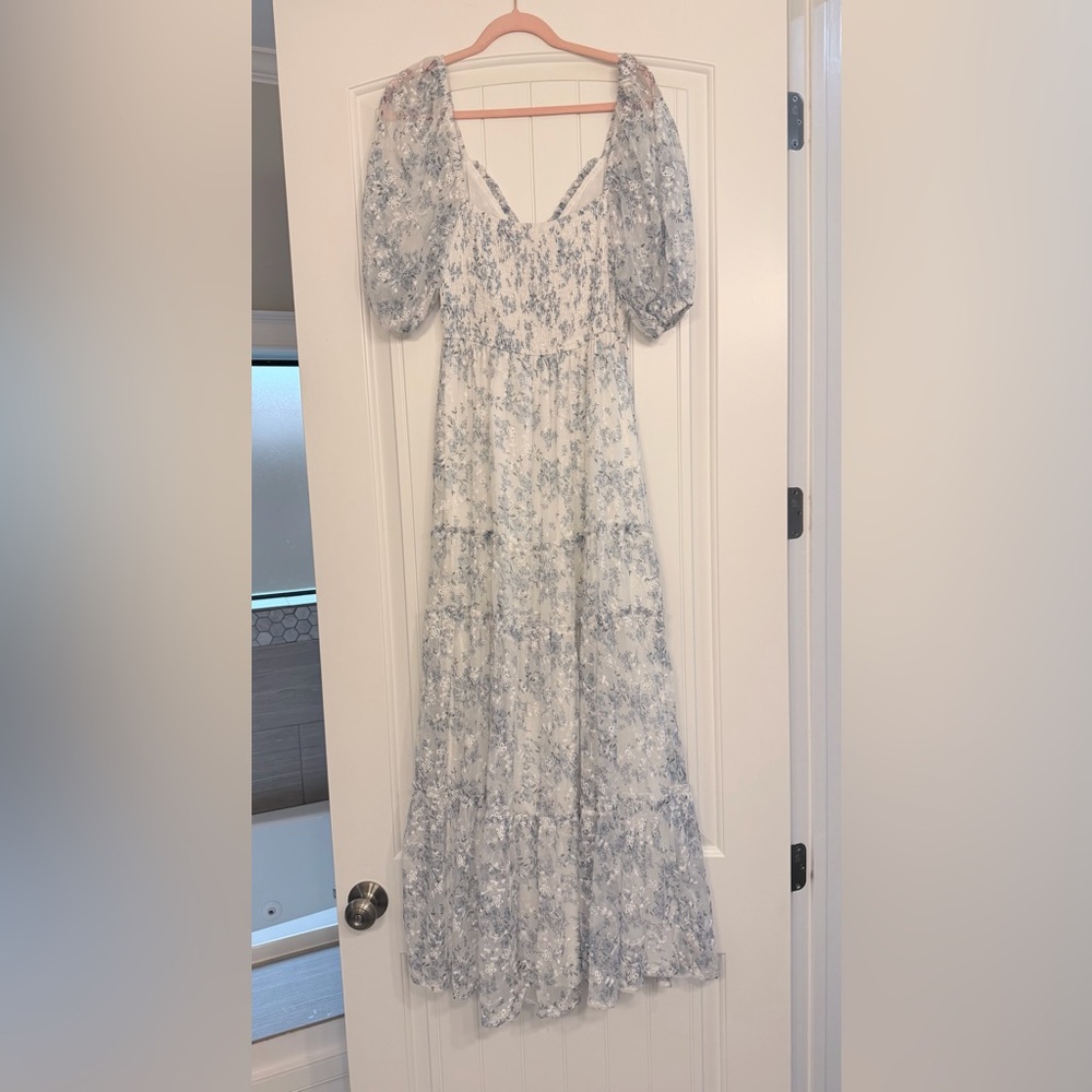Worth Collective Daphne High Slit Eyelet Detail Maxi Dress in Blue/White Floral